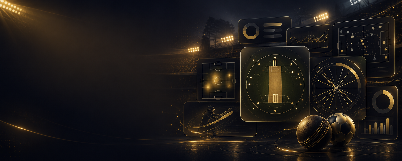 Gold-lit stadium with cricket and football imagery